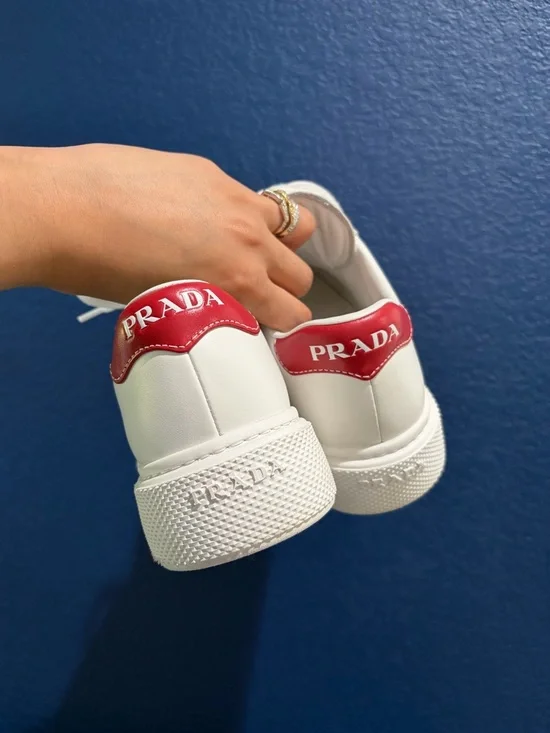 Prada White Leather Sneakers Red Stripe | Size 35 | Like New | Full Set - Picture 4 of 13